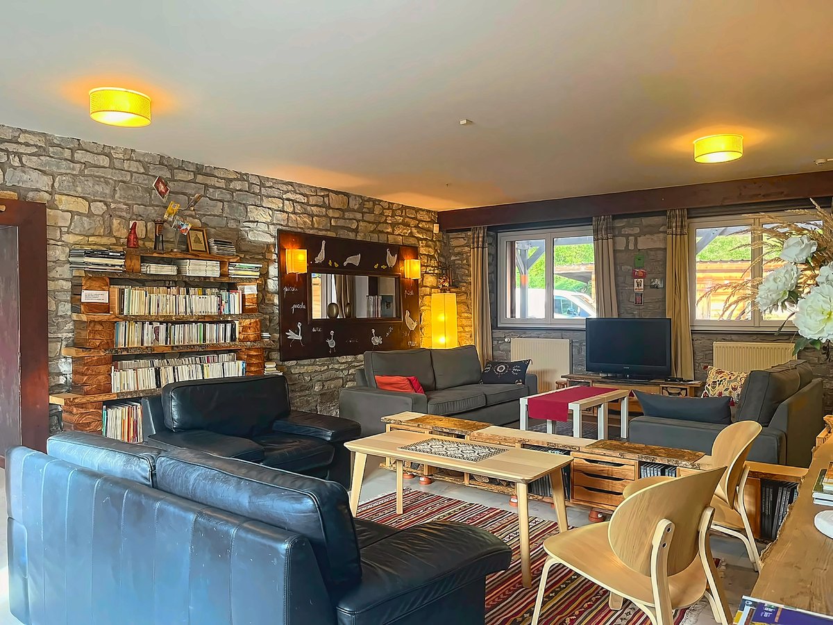 Le salon, sa bibliothèque et son mur de pierre apparente